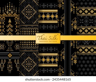 Conjunto de 5 fondo de patrón tailandés inspirado en el patrón de seda artesanal del noreste de Tailandia (Isaan). Coloreado en dorado y negro.