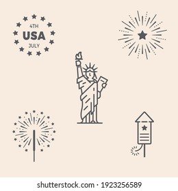 Set von 5 thematischen Symbolen rund 4. Juli Feier mit Freiheitsstatue und Feuerwerk. Design bereit für den Einsatz an verschiedenen Orten wie Websites, Apps, Sportgeräte u.a.