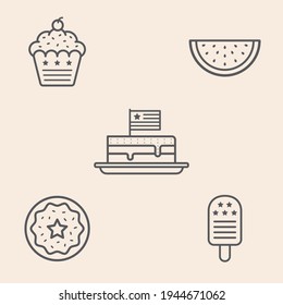 Set of 5 themed icons about 4th of July and USA with cupcacke, watermelon, ice cream donut and cake with usa flag. Design ready to use in multiple places like websites and apps among others.