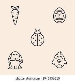 Set of 5 themed icons about spring and easter with chick, easter egg, rabbit, carrot and ladybug. Designs ready to use in multiple places like websites and printables among others.