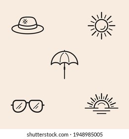 Set of 5 themed icons about summer and sun with umbrella, sun, straw hat, sunglasses and sunset. Designs ready to use in multiple places like websites and printables among others.