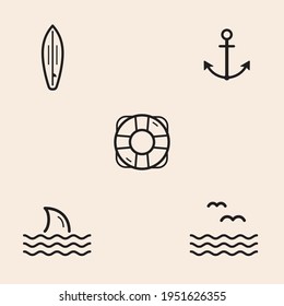 Conjunto de 5 íconos temáticos sobre verano y playa con olas de mar, gaviotas, aleta de tiburón, flotador, tabla de surf y ancla. Diseños listos para ser usados en múltiples lugares como sitios web e imprimibles, entre otros.