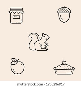 Set of 5 themed icons about autumn season with apple, cake, jam jar, squirrel and acorn. Designs ready to use in multiple places like websites and printables among others.