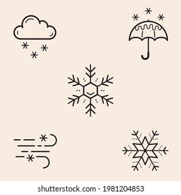 Set of 5 themed icons about snow and winter with Snow Cloud, Umbrella, two Snowflakes and Snow Wind. Designs ready to use in multiple places like websites and printables among others.