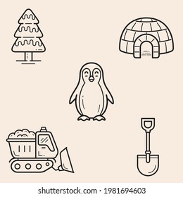 Set of 5 themed icons about snow and winter with Penguin, Pine Tree, Igloo, Shovel and Snowplough truck. Designs ready to use in multiple places like websites and printables among others.