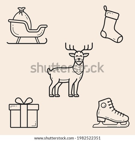 Set of 5 themed icons about Christmas and Gifts with Santa Sleigh, Xmas Sock, Reindeer, Ice Skate and Present - Gift. Designs ready to use in multiple places like websites and printables among others.