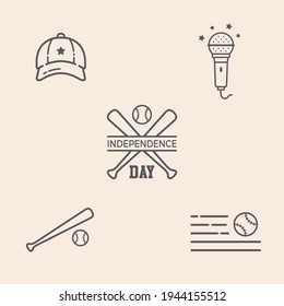 Set of 5 themed icons and badge about 4th of July and USA baseball elements with cap, bat, microphone, ball and bats badge. Design ready to use in multiple places like websites and apps among others.