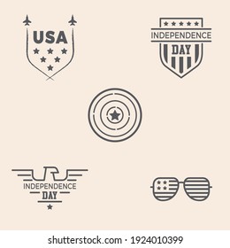 Set of 5 themed icons and badges about 4th of July and US Airforces. Design ready to use in multiple places like websites, apps, sport equipment among others.