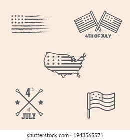 Set of 5 themed icons and badges about 4th of July and USA map flag, stick flag, torn flag and majorette sticks badge. Design ready to use in multiple places like websites and apps among others.