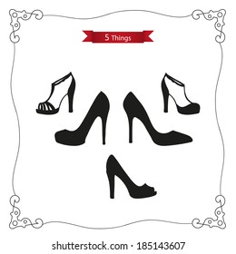 Set "5 things": women's shoes. Platform shoes, high-heeled shoes, sandals, summer shoes in black and white colors. Fashion women's shoes. Vector icons of lady's shoes. Modern collection of shoes. 
