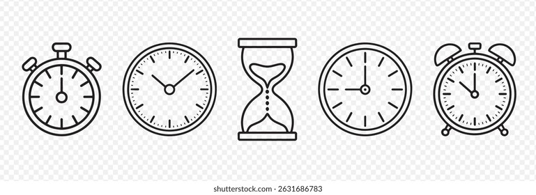 Set of 5 Timekeeping Device Icons Featuring Stopwatch, Clock, Hourglass, and Alarm Clock Representing Time Management and Scheduling
