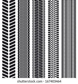 Set of 5 tire treads. Seamless texture. Vector illustration.