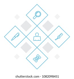 Set of 5 tools icons line style set. Collection of paper clamp, magnifier, ink and other elements.