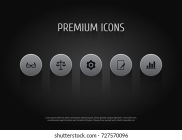 Set Of 5 Trade Icons Set.Collection Of Mechanism, Balance, Pen And Other Elements.
