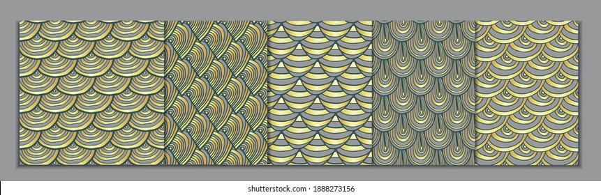 Set of 5 traditional japanese wave crest seamless patterns, gray and gold. Geometric minimal doodle repeat patterns collection.