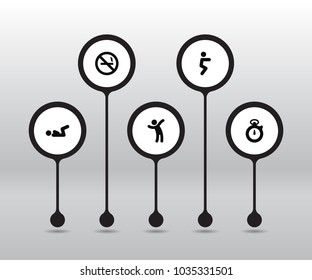Set of 5 training icons set. Collection of no smoking, aerobic, v crunch and other elements.