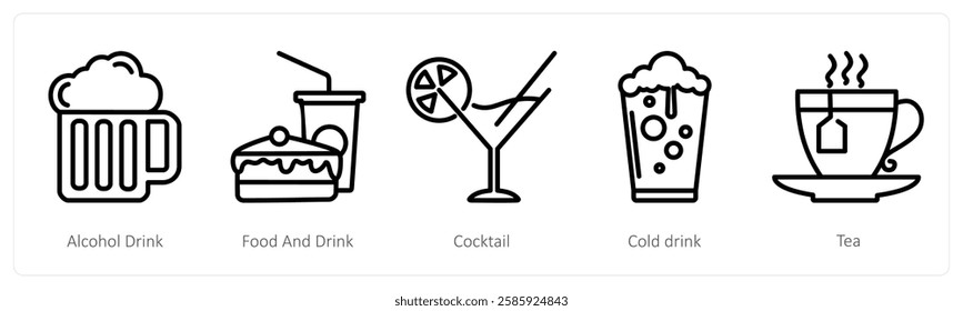 A set of 5 travel icons as alcohol drink, food and drink, cocktail