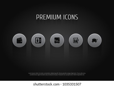 Set of 5 travel icons set. Collection of minibar, elevator, luggage trolley and other elements.