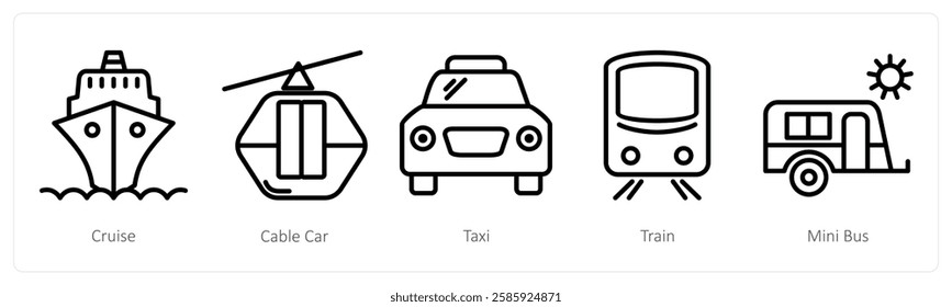 A set of 5 travel icons as cruise, cable car, taxi