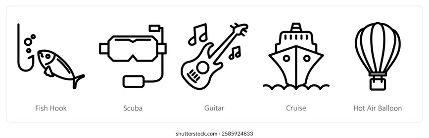 A set of 5 travel icons as fish hook, scuba, guitar