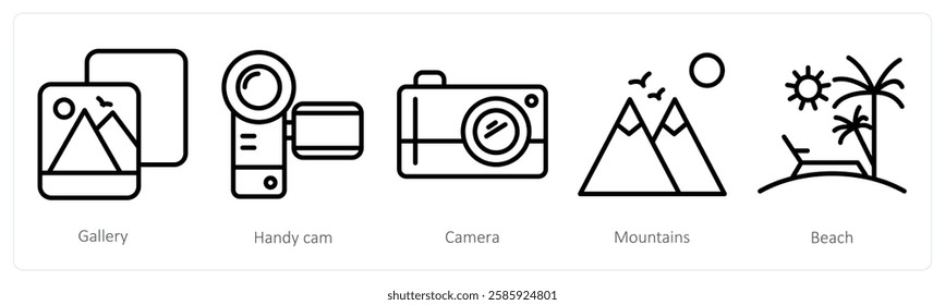 A set of 5 travel icons as gallery, handy cam, camera