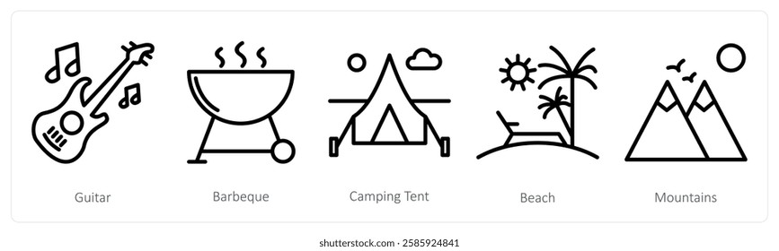 A set of 5 travel icons as guitar, barbecue, camping tent