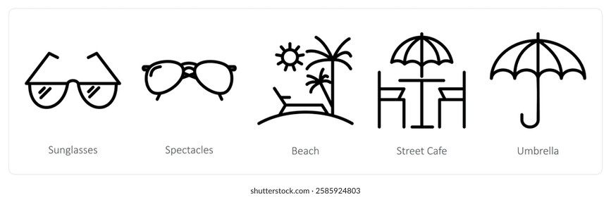 A set of 5 travel icons as sunglasses, spectacles, beach