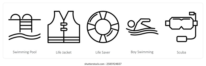 A set of 5 travel icons as swimming pool, life jacket, life save