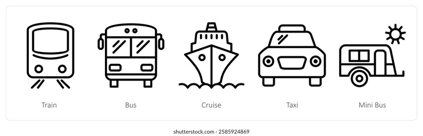 A set of 5 travel icons as train, bus, cruise