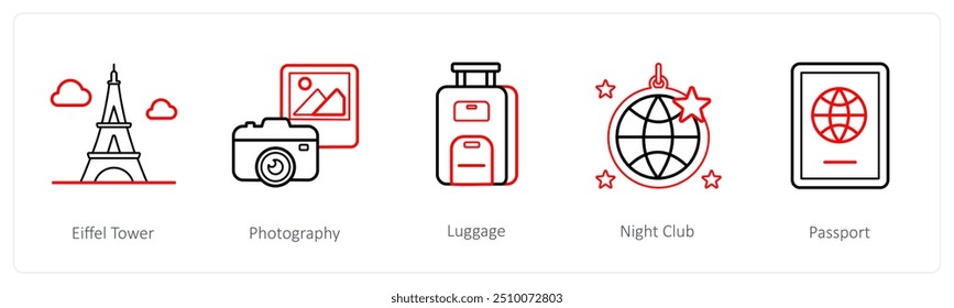 Um conjunto de 5 ícones de viagem e férias, como a torre eiffel, fotografia