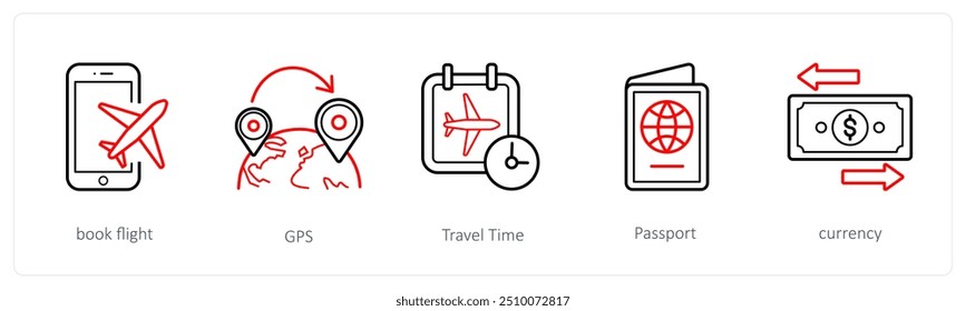 A set of 5 travel and vacation icons such as book flight, gps