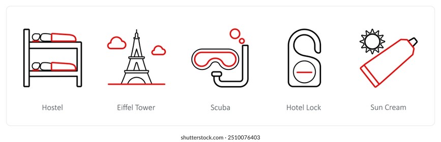 Um conjunto de 5 ícones de viagem e férias, como hotel, torre eiffel, mergulho