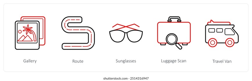 A set of 5 travel and vacation icons such as gallery, route, sunglasses