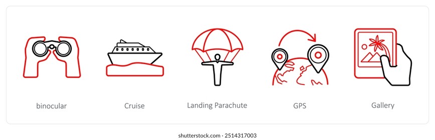 Un conjunto de 5 iconos de viaje y vacaciones como binocular, crucero, aterrizaje en paracaídas