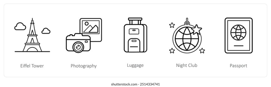 Um conjunto de 5 ícones de viagem e férias, como a torre eiffel, fotografia