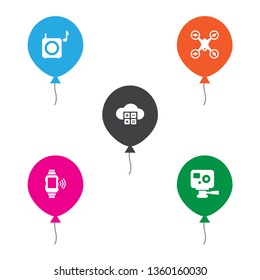 Set of 5 trendy icons set. Collection of loudspeaker, smart watch, action camera and other elements.