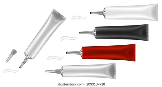 Set of 5 tubes with long nozzle and silver cap. Red, white, black. Cosmetic packaging. Serum or ointment. Gel or cream. Vector illustration isolated on a white background. 3d. Toothpaste