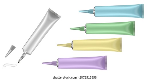 Set of 5 tubes with long nozzle and silver cap. White, pink, yellow, green and blue. Cosmetic packaging. Serum or ointment. Gel or cream. Vector illustration isolated on a white background. 3d