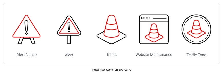 A set of 5 under maintenance icons such as alert notice, alert, warning