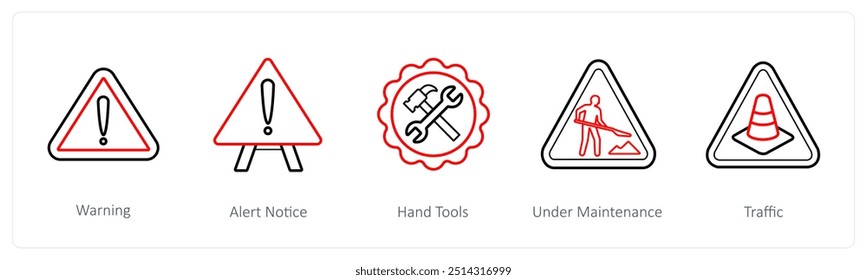 Un conjunto de 5 bajo iconos de mantenimiento como advertencia, aviso de alerta