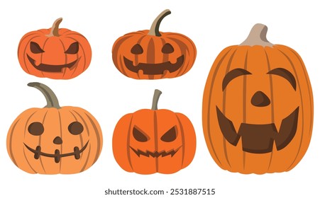 Um conjunto de 5 projetos exclusivos Jack-o'-lanterna, perfeito para projetos com tema de Halloween. Cada ilustração de abóbora mostra diferentes expressões e detalhes, ideais para decorações, convites ou festas 