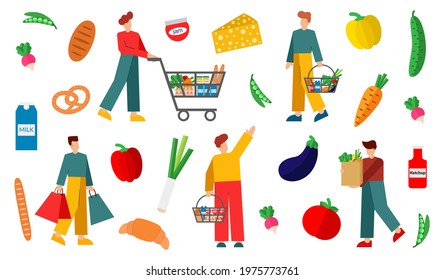 Set of 5 unique vector characters, vegetables and foods. Supermarket, shopping. Man with a grocery cart, basket, paper bag in their hands. Flat illustration.