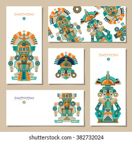 Set of 5 universal cards with Aztec and Maya Ceremonial Sculptures. Template. Party, birthday, holiday. Vector illustration