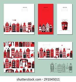 Set of 5 universal cards with old European style buildings. Template. Business card, special event, invitation, housewarming party. Vector illustration