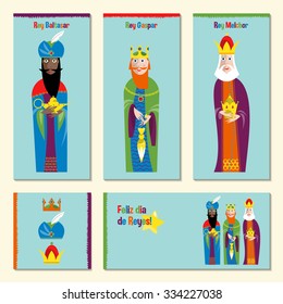 Set of 5 universal spanish language Christmas greeting cards with three kings. Feliz dia de reyes. (Happy Three Kings Day!). Three wise men. Template. Vector illustration.