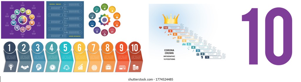 Set 5 universal templates for Infographics conceptual cyclic processes for 10 positions possible to use for workflow, banner, diagram, web design, timeline, area chart,number options