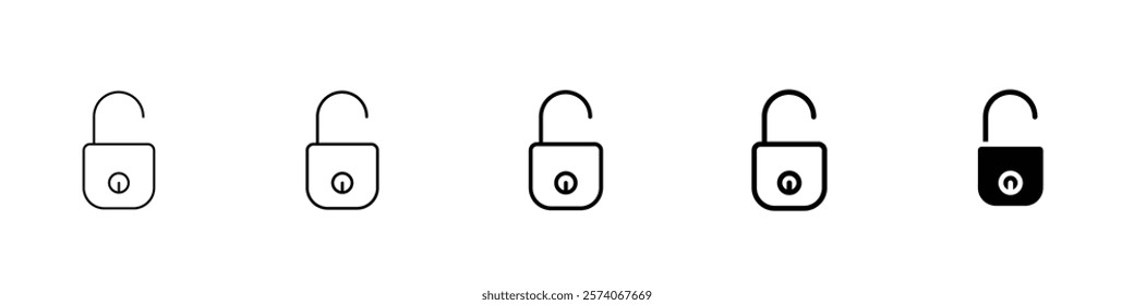 Set of 5 Unlock icon - 1 Silhouette - 1 unexpanded vector - Padlock icon for security unlock, designed for access control and safety lock, lock open, unlock logo, unlocked icon