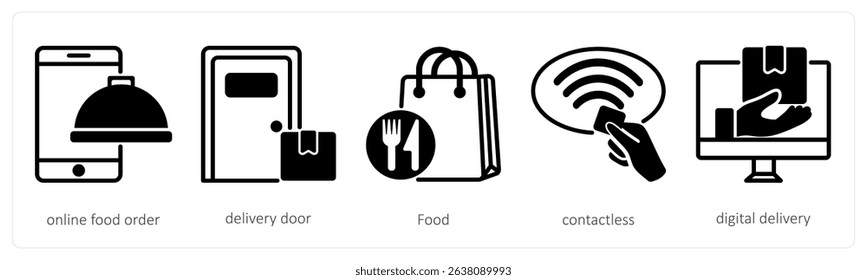 A set of 5 untact era icons as online food order, delivery door, food