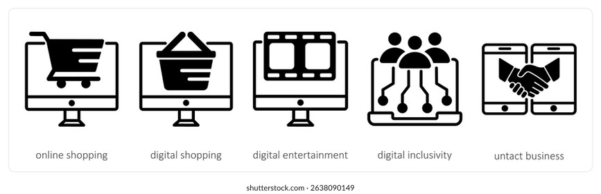 A set of 5 untact era icons as online shopping, digital shopping, digital entertainment