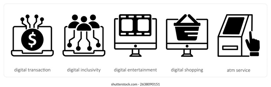 A set of 5 untact era icons as digital transaction, digital inclusivity, digital entertainment